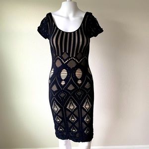 Bebe black tan mesh crochet patterned dress